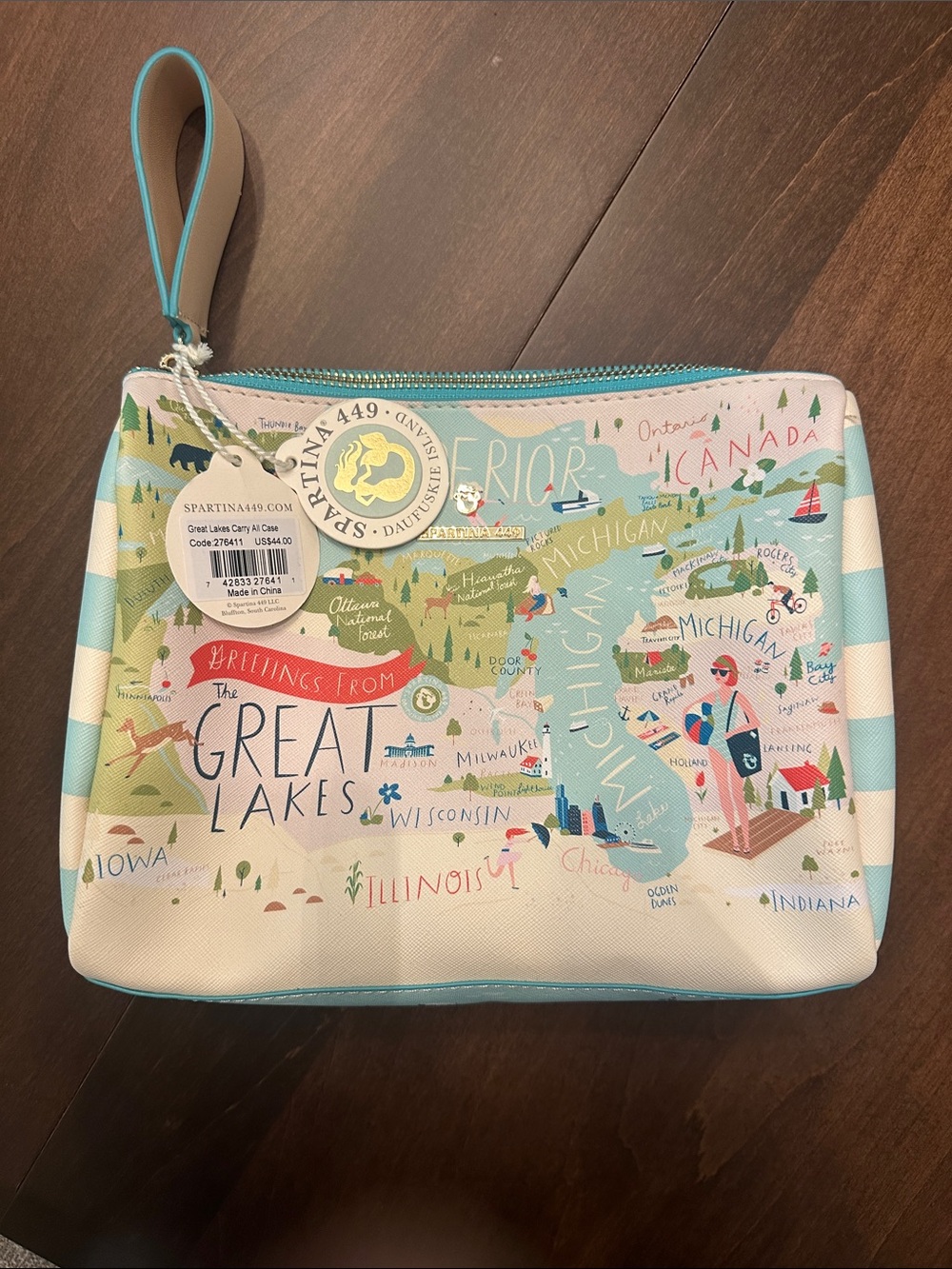 Spartina 449 Cream & Aqua Great Lakes Map Wristlet